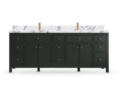 Sonoma84 Dark Forest Green vanity with Calacatta Poanazzo Quartz, Straight / Mitered, front view