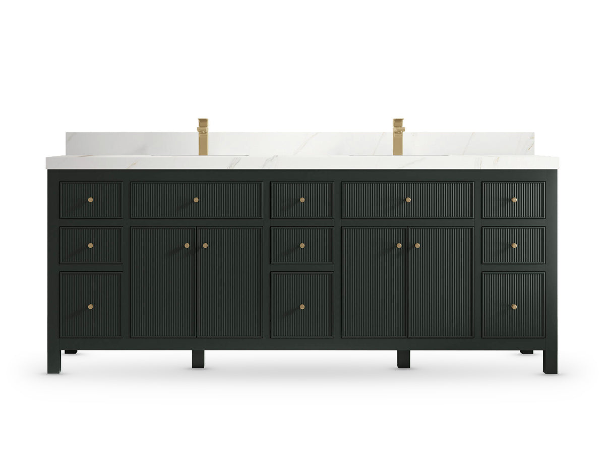 Sonoma84 Dark Forest Green vanity with Calacatta Sienna Quartz, Straight / Mitered, front view
