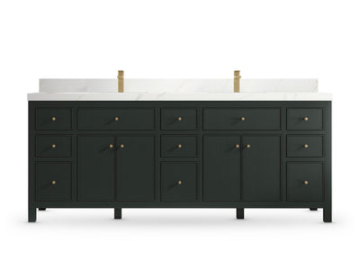 Sonoma84 Dark Forest Green vanity with Calacatta Sienna Quartz, Straight / Mitered, front view