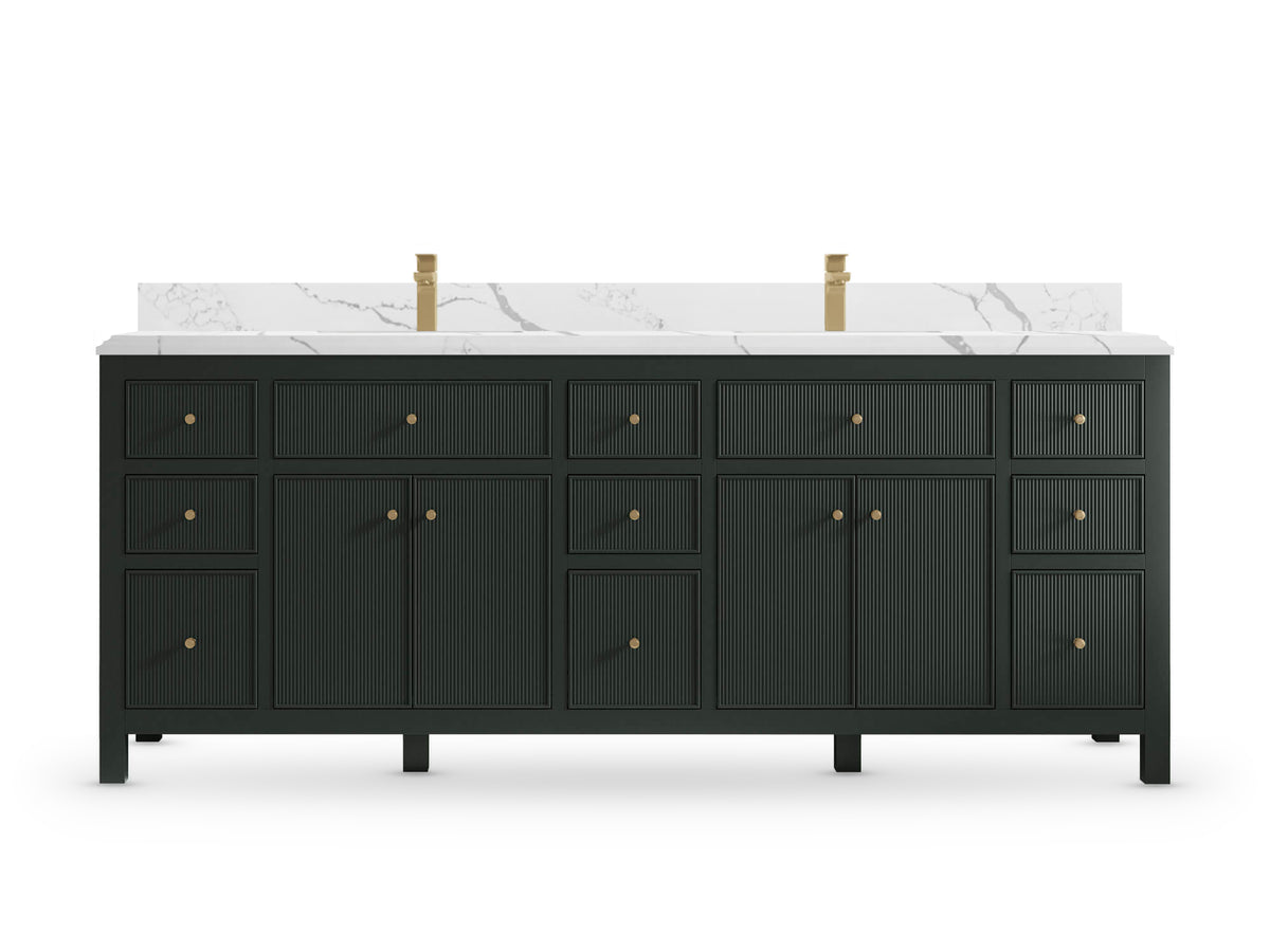 Sonoma84 Dark Forest Green vanity with Calacatta Laza Quartz, Double Cove, front view