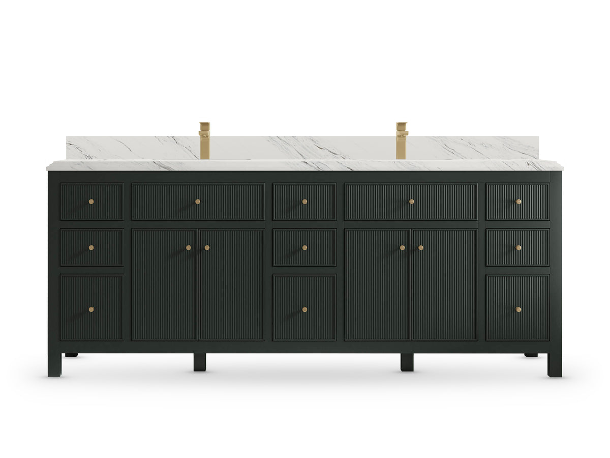 Sonoma84 Dark Forest Green vanity with Palissandro Quartz, Double Cove, front view