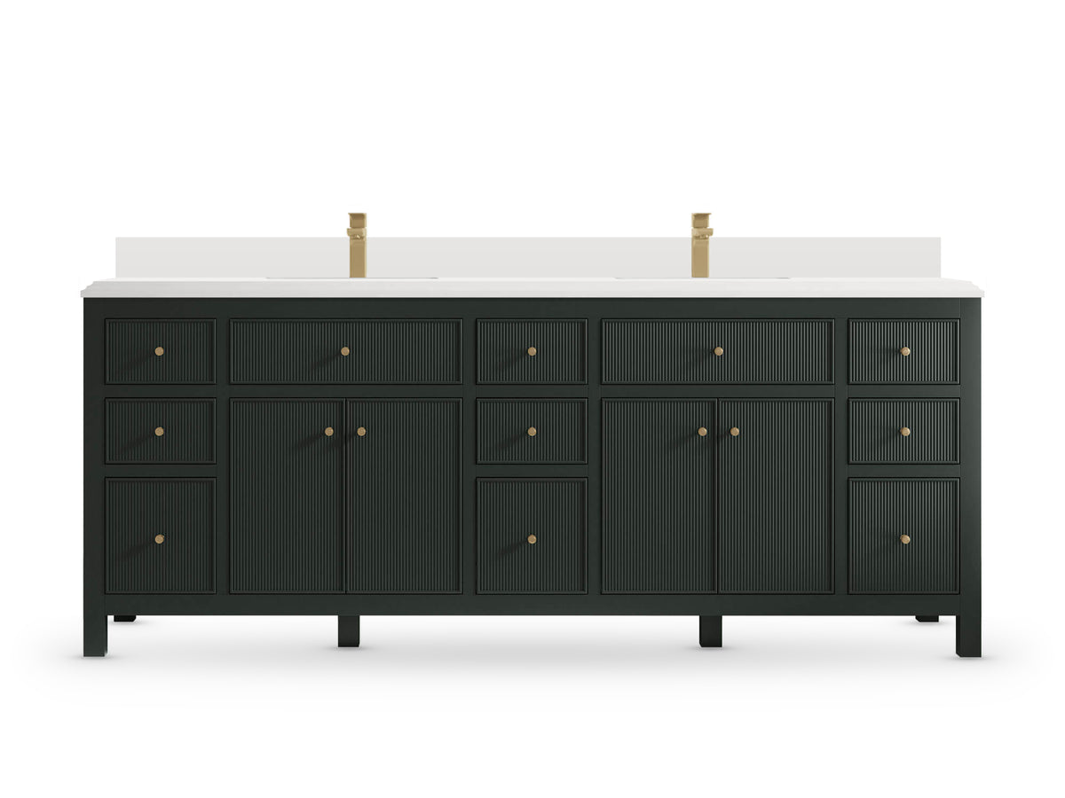 Sonoma84 Dark Forest Green vanity with White Quartz, Double Cove, front view