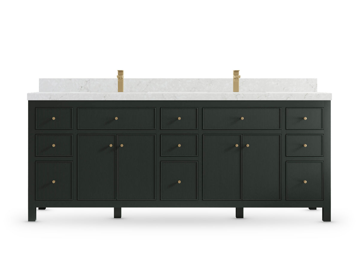 Sonoma84 Dark Forest Green vanity with Frosty Carrara Quartz, Straight / Mitered, front view