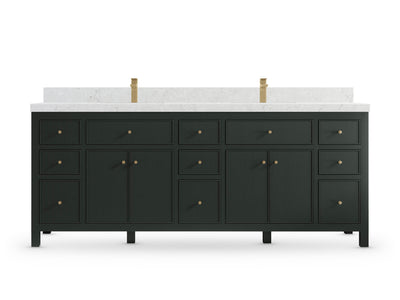 Sonoma84 Dark Forest Green vanity with Frosty Carrara Quartz, Straight / Mitered, front view