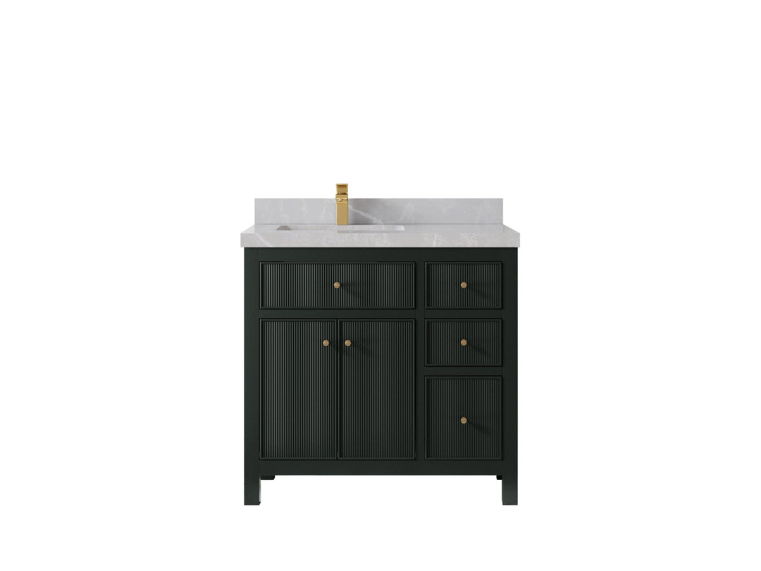 Sonoma 36 in. W x 22 in. D Left Offset Sink Bathroom Vanity in Dark Forest Green with 2 in. Pearl Light Gray Quartz Countertop
