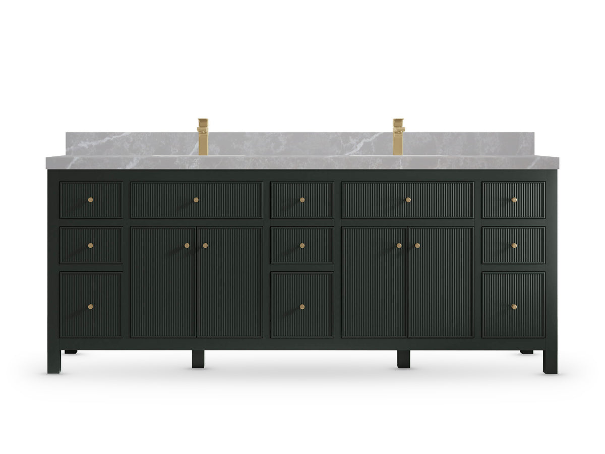 Sonoma84 Dark Forest Green vanity with Pearl Light Gray Quartz, Straight / Mitered, front view