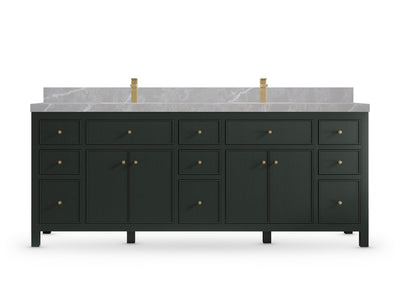 Sonoma84 Dark Forest Green vanity with Pearl Light Gray Quartz, Straight / Mitered, front view