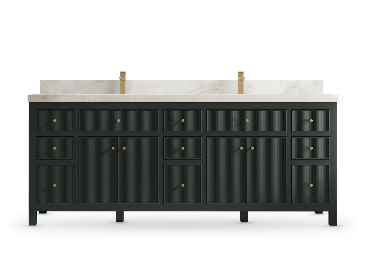 Sonoma84 Dark Forest Green vanity with Onyx Quartz, Straight / Mitered, front view