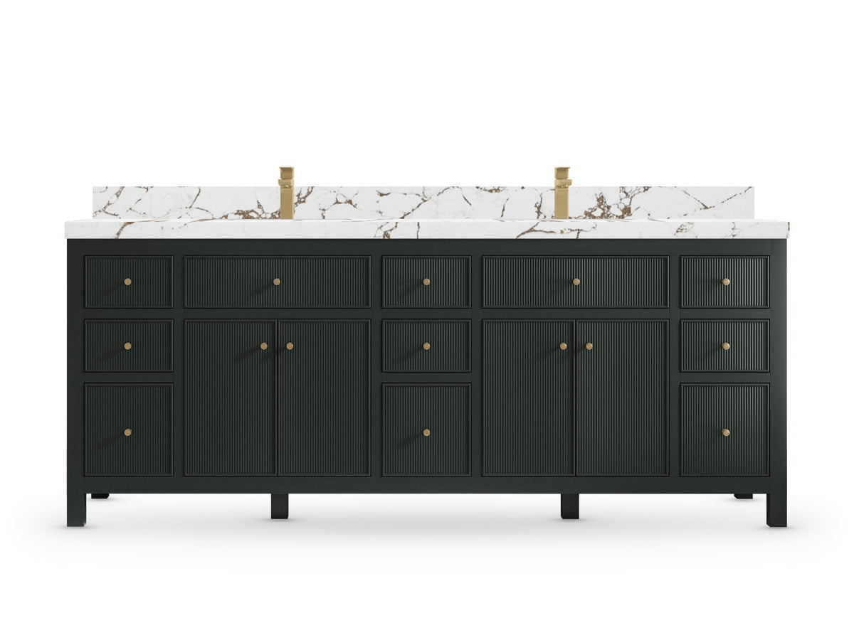 Sonoma84 Dark Forest Green vanity with Viola Brown Quartz, Straight / Mitered, front view