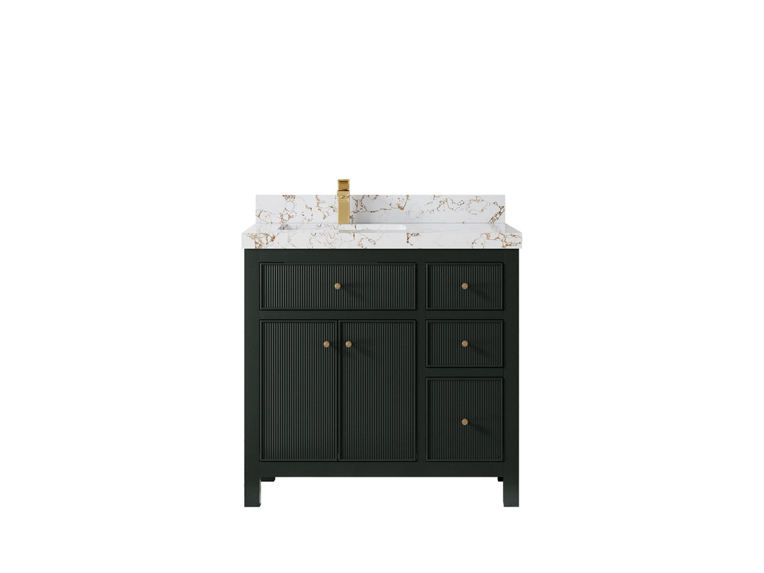 Sonoma 36 in. W x 22 in. D Left Offset Sink Bathroom Vanity in Dark Forest Green with 2 in. Viola Gold Quartz Countertop