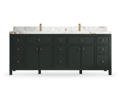 Sonoma84 Dark Forest Green vanity with Viola Gold Quartz, Straight / Mitered, front view