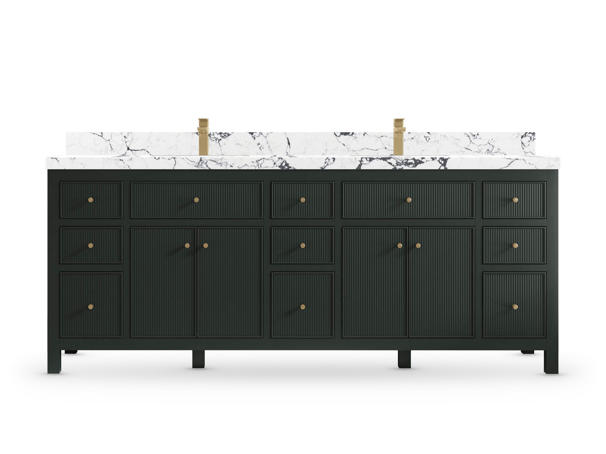 Sonoma84 Dark Forest Green vanity with Viola Night Quartz, Straight / Mitered, front view