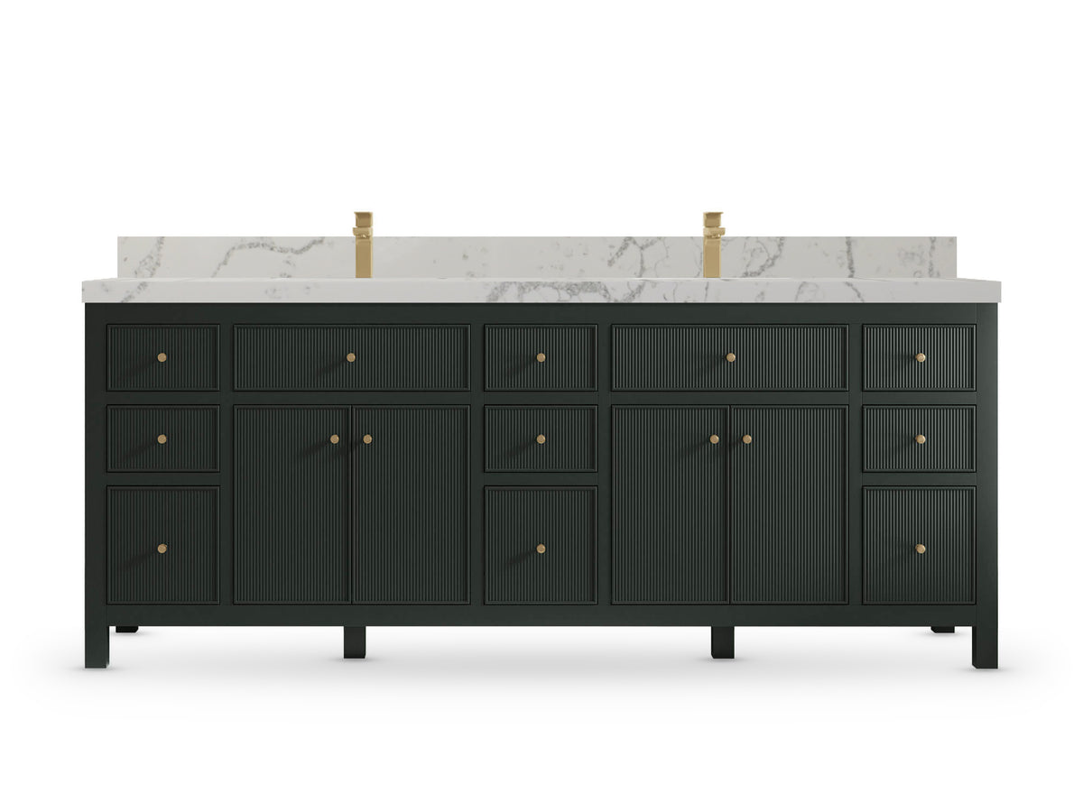 Sonoma84 Dark Forest Green vanity with Venatino Quartz, Straight / Mitered, front view