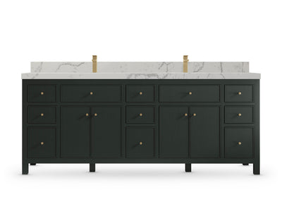Sonoma84 Dark Forest Green vanity with Venatino Quartz, Straight / Mitered, front view