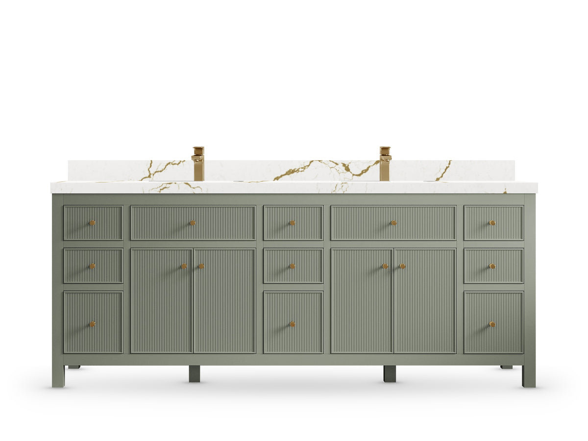Sonoma84 Evergreen vanity with Berkshire Brass Quartz, Straight / Mitered, front view