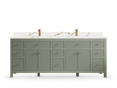 Sonoma84 Evergreen vanity with Berkshire Brass Quartz, Straight / Mitered, front view