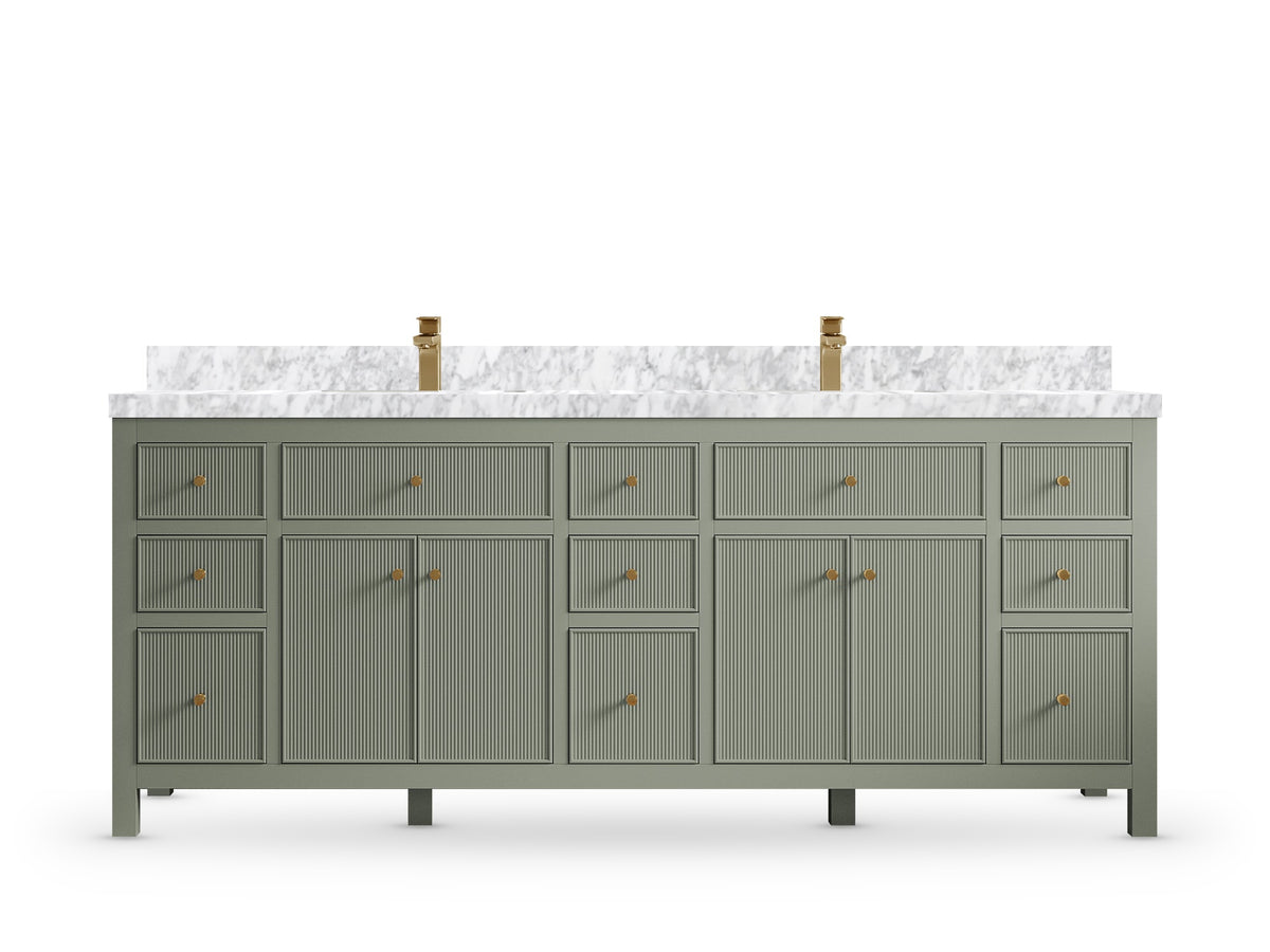 Sonoma84 Evergreen vanity with Carrara Marble, Straight / Mitered, front view