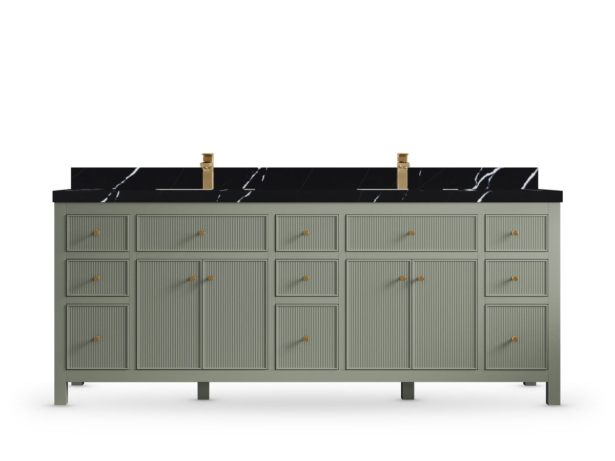 Sonoma84 Evergreen vanity with Calacatta Black Quartz, Straight / Mitered, front view