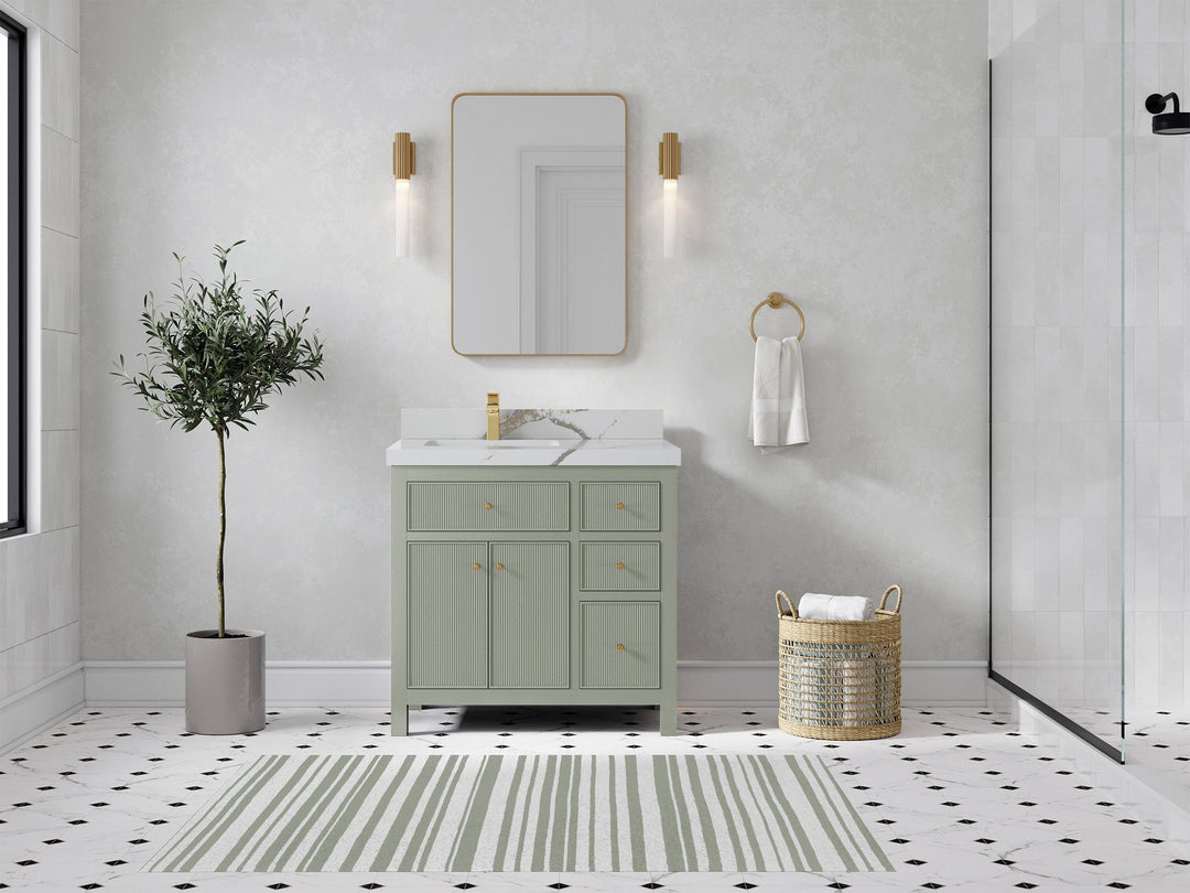 Sonoma 36 in. W x 22 in. D Left Offset Sink Bathroom Vanity in Evergreen with 2 in. Calacatta Gold Quartz Countertop - Front View