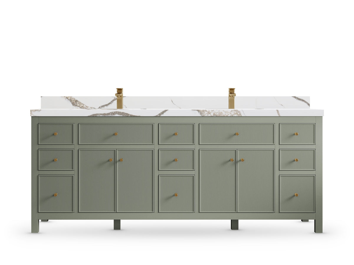 Sonoma84 Evergreen vanity with Calacatta Gold Quartz, Straight / Mitered, front view