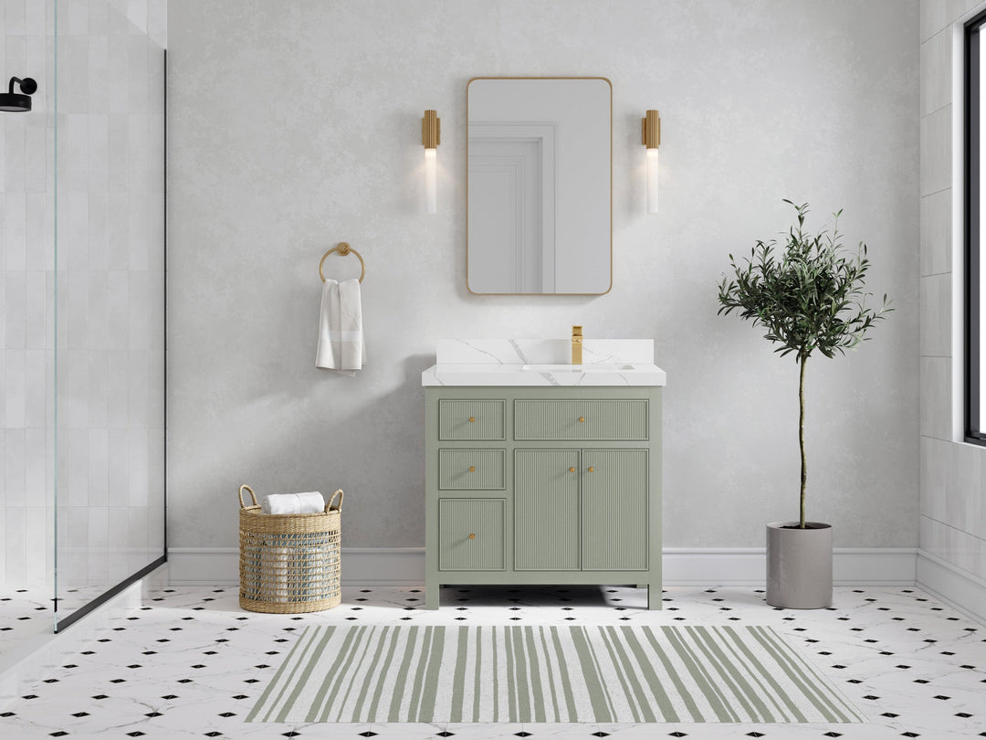 Sonoma 36 in. W x 22 in. D Right Offset Sink Bathroom Vanity in Evergreen with 2 in. Calacatta Laza Quartz Countertop - Front View