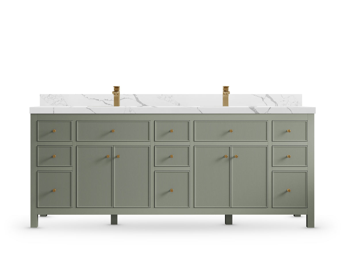 Sonoma84 Evergreen vanity with Calacatta Laza Quartz, Straight / Mitered, front view