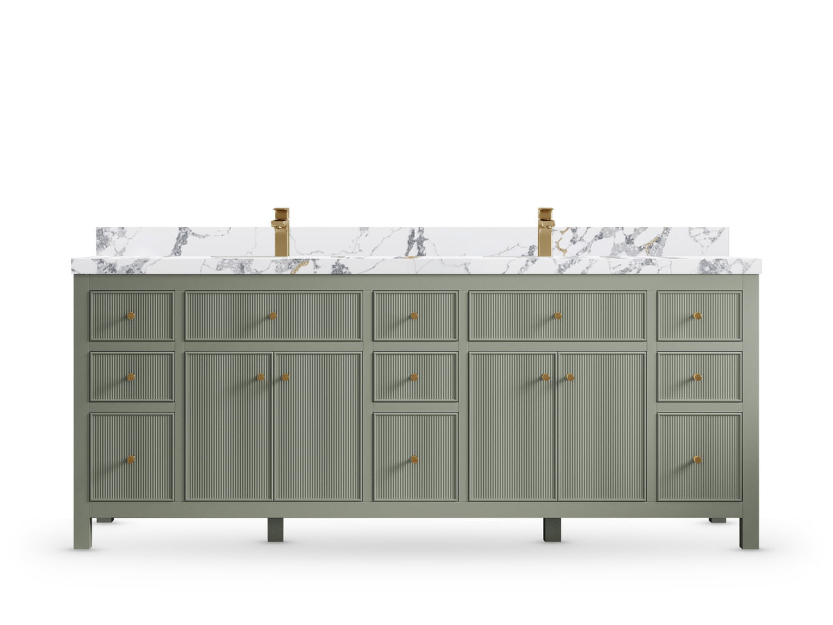 Sonoma84 Evergreen vanity with Calacatta Poanazzo Quartz, Straight / Mitered, front view
