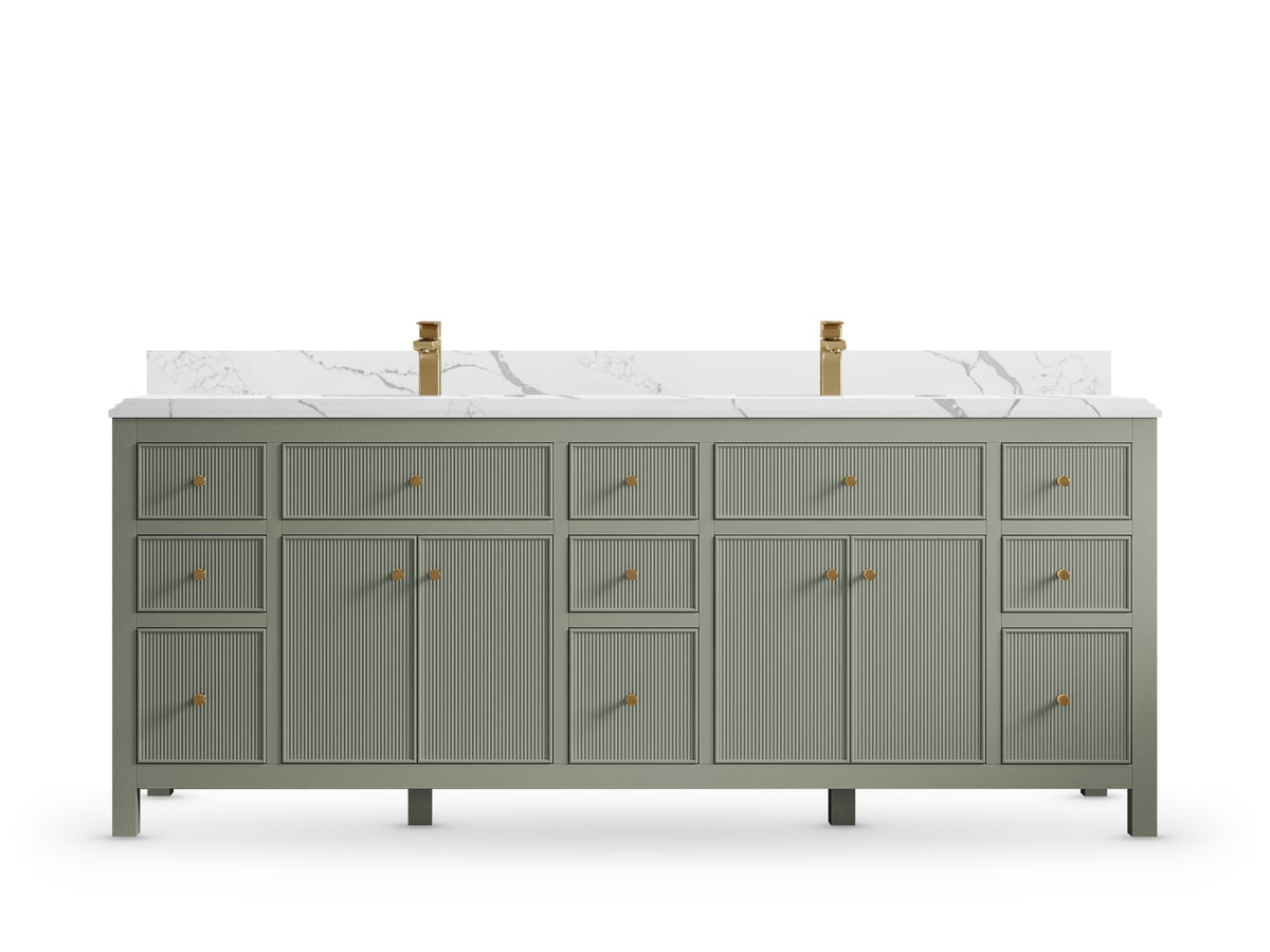 Sonoma84 Evergreen vanity with Calacatta Laza Quartz, Double Cove, front view