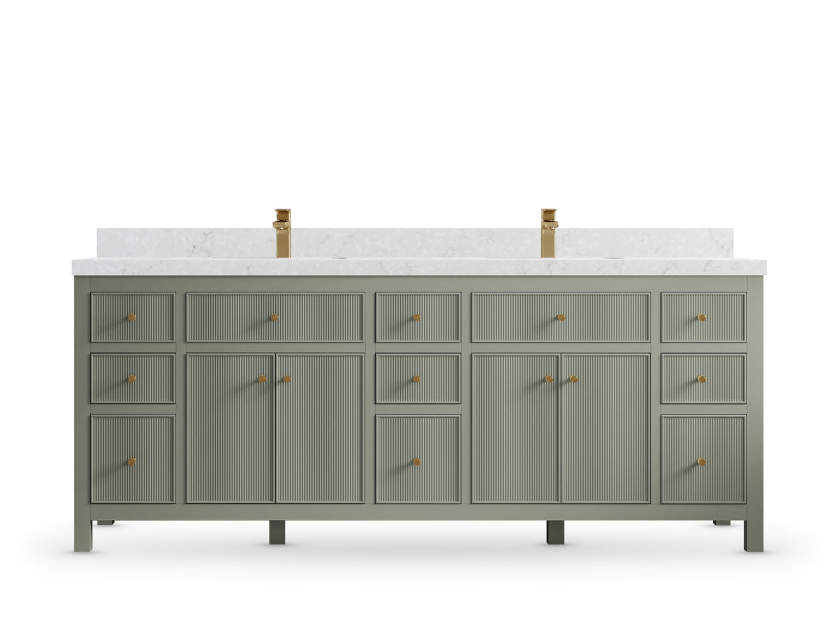 Sonoma84 Evergreen vanity with Frosty Carrara Quartz, Straight / Mitered, front view