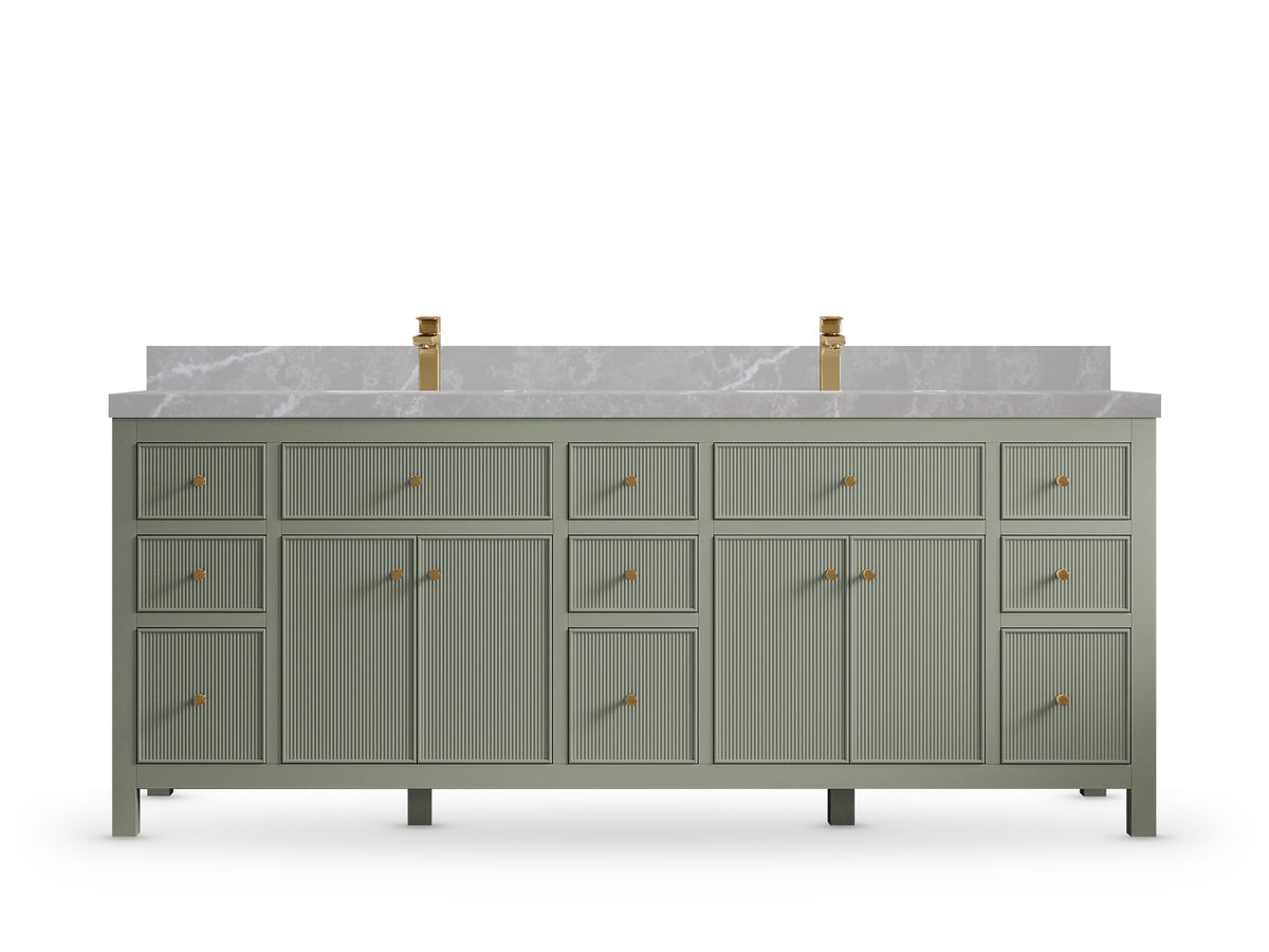 Sonoma84 Evergreen vanity with Pearl Light Gray Quartz, Straight / Mitered, front view