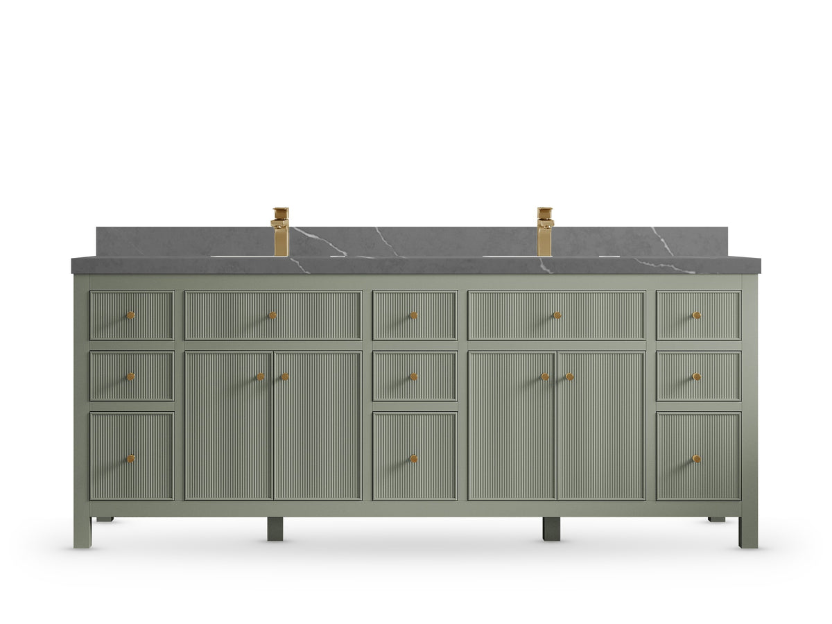 Sonoma84 Evergreen vanity with Piatra Gray Quartz, Straight / Mitered, front view