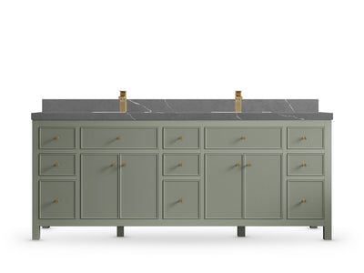 Sonoma84 Evergreen vanity with Piatra Gray Quartz, Straight / Mitered, front view
