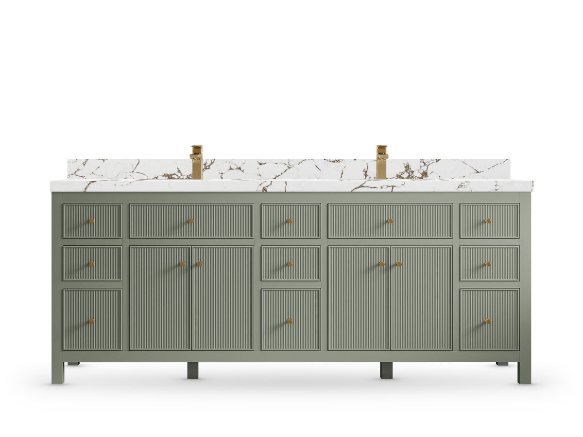 Sonoma84 Evergreen vanity with Viola Brown Quartz, Straight / Mitered, front view