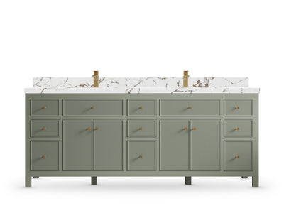 Sonoma84 Evergreen vanity with Viola Brown Quartz, Straight / Mitered, front view
