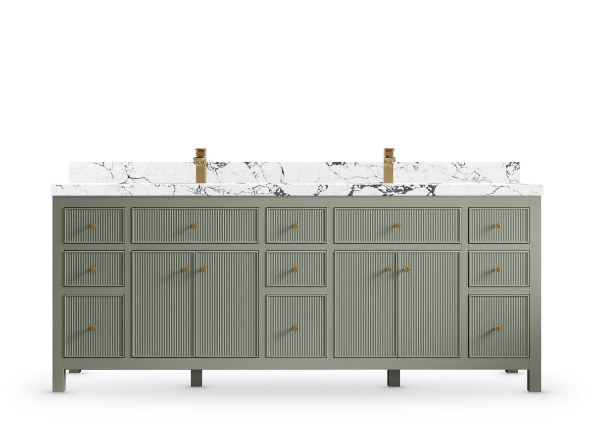 Sonoma84 Evergreen vanity with Viola Night Quartz, Straight / Mitered, front view