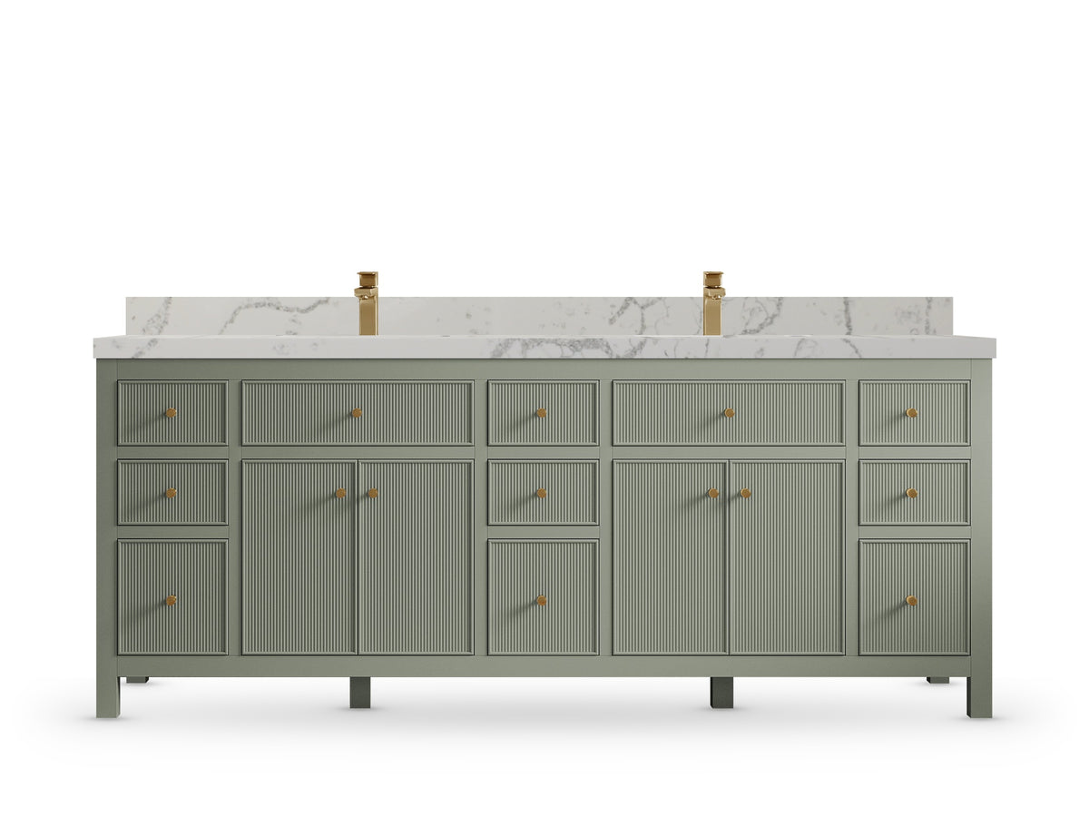 Sonoma84 Evergreen vanity with Venatino Quartz, Straight / Mitered, front view