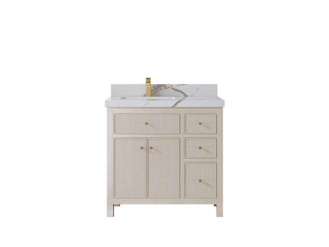 Sonoma 36 in. W x 22 in. D Left Offset Sink Bathroom Vanity in Fine Grain with 2 in. Calacatta Gold Quartz Countertop