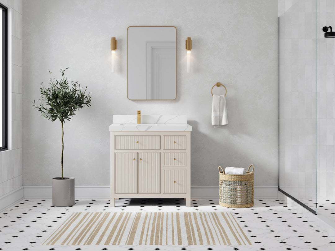 Sonoma 36 in. W x 22 in. D Left Offset Sink Bathroom Vanity in Fine Grain with 2 in. Calacatta Laza Quartz Countertop - Front View
