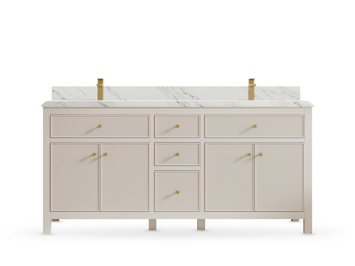 Sonoma 72 inch Fine Grain Linen Beige double vanity with Palissandro Quartz Double Cove countertop, front view