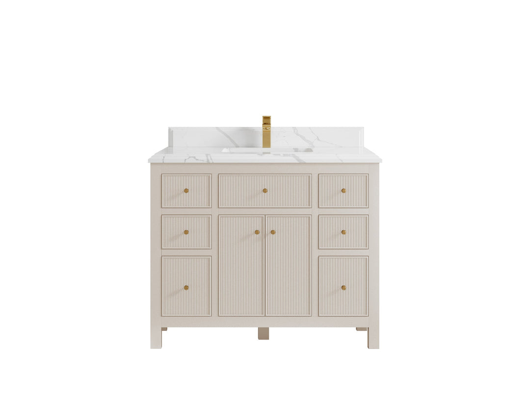 Sonoma 42 in. W x 22 in. D Single Sink Bathroom Vanity in Fine Grain with Double Cove Edge 1.5 in White Quartz Countertop