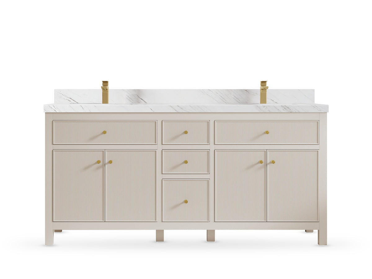 Sonoma 72 inch Fine Grain Linen Beige double vanity with Palissandro Quartz countertop, front view