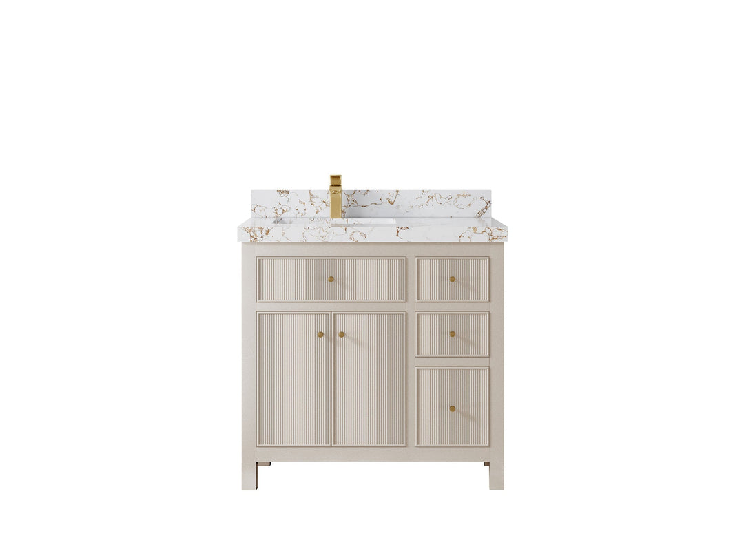 Sonoma 36 in. W x 22 in. D Left Offset Sink Bathroom Vanity in Fine Grain with 2 in. Viola Gold Quartz Countertop