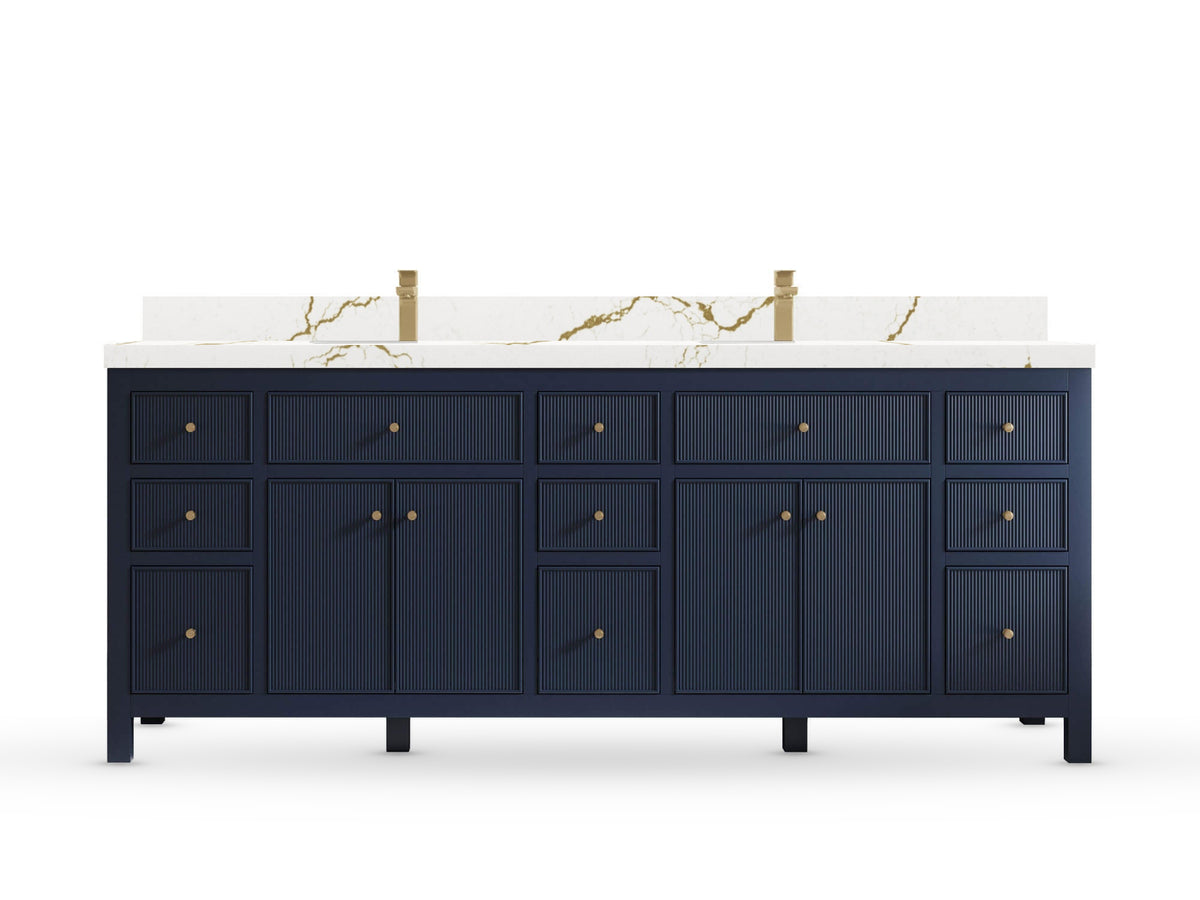 Sonoma84 Hale Navy Blue vanity with Berkshire Brass Quartz, Straight / Mitered, front view