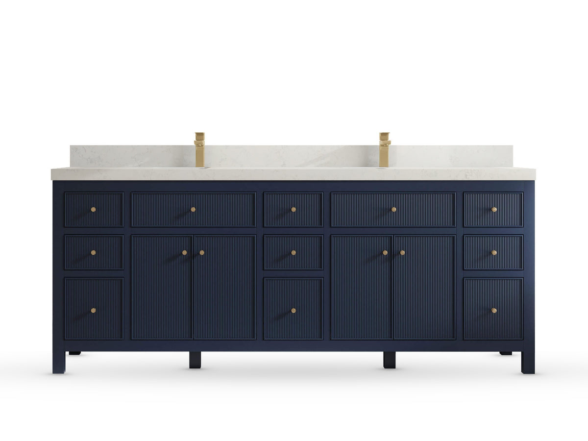 Sonoma84 Hale Navy Blue vanity with Carrara Quartz, Straight / Mitered, front view
