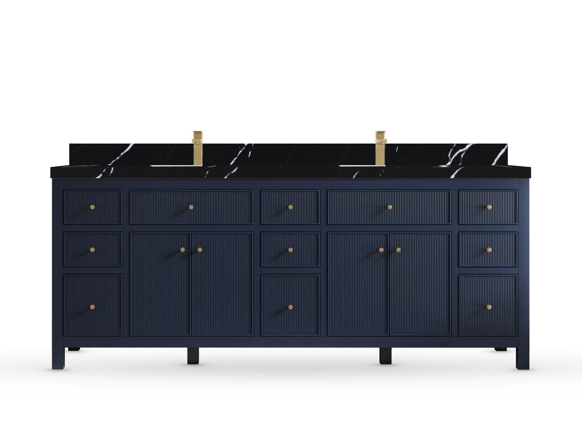 Sonoma84 Hale Navy Blue vanity with Calacatta Black Quartz, Straight / Mitered, front view