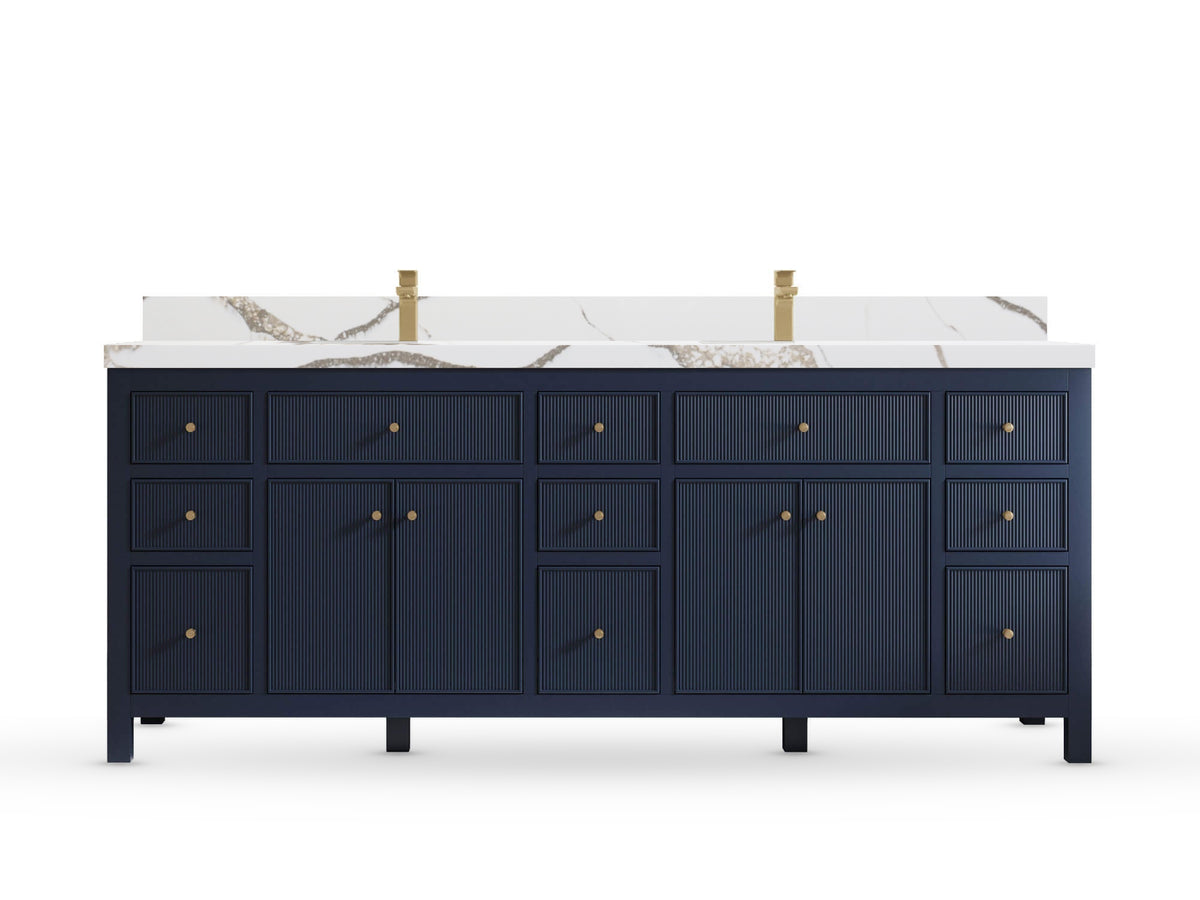 Sonoma84 Hale Navy Blue vanity with Calacatta Gold Quartz, Straight / Mitered, front view