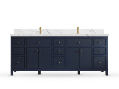 Sonoma84 Hale Navy Blue vanity with Calacatta Laza Quartz, Straight / Mitered, front view