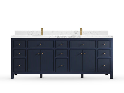 Sonoma84 Hale Navy Blue vanity with Calacatta Nuvo Quartz, Straight / Mitered, front view