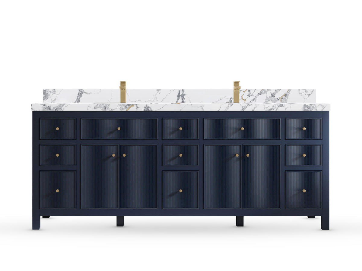 Sonoma84 Hale Navy Blue vanity with Calacatta Poanazzo Quartz, Straight / Mitered, front view