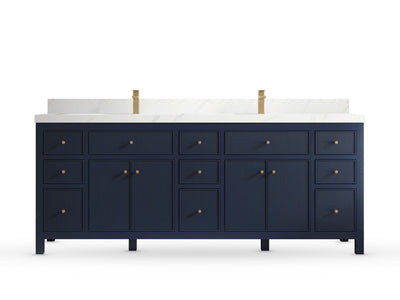 Sonoma84 Hale Navy Blue vanity with Calacatta Sienna Quartz, Straight / Mitered, front view